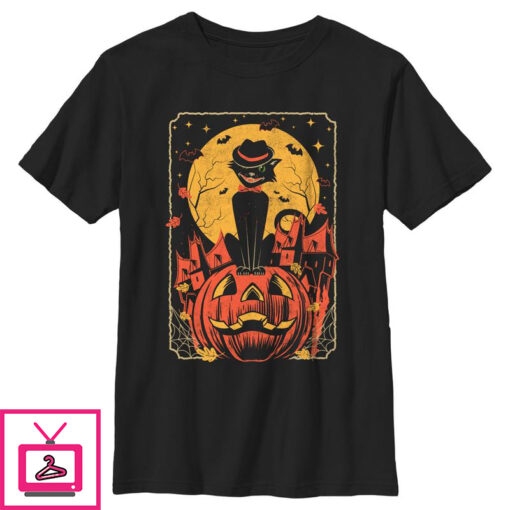 Boys Lost Gods Halloween Retro Cat Scene T Shirt 1