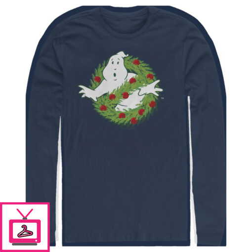 Mens Ghostbusters Christmas Wreath Logo Long Sleeve T Shirt 1