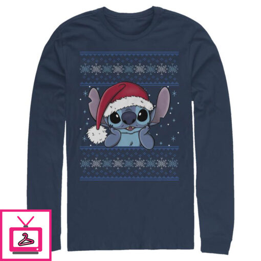 Mens Lilo Stitch Santa Hat Ugly Sweater Long Sleeve T Shirt 1