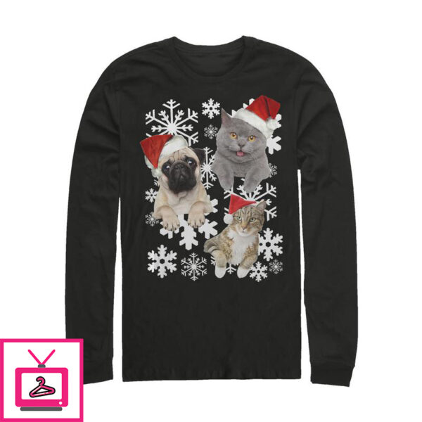 Men’s Lost Gods Ugly Christmas Cat Dog Snow Long Sleeve T-Shirt