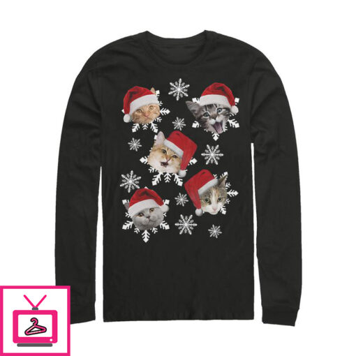 Mens Lost Gods Ugly Christmas Cat Snowflakes Long Sleeve T Shirt 1