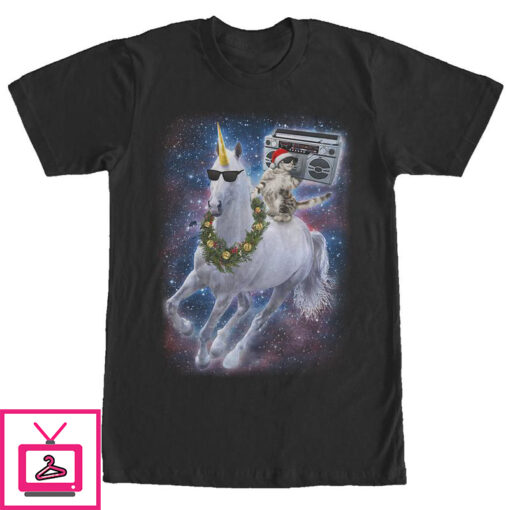 Mens Lost Gods Ugly Christmas Cat Unicorn Space Song T Shirt 1