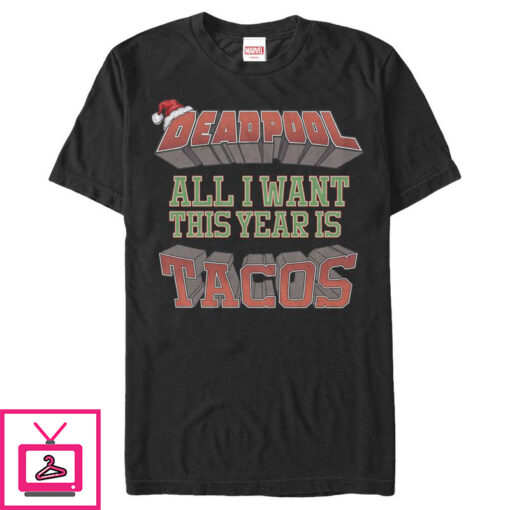 Mens Marvel Christmas Deadpool Wants Tacos T Shirt 1