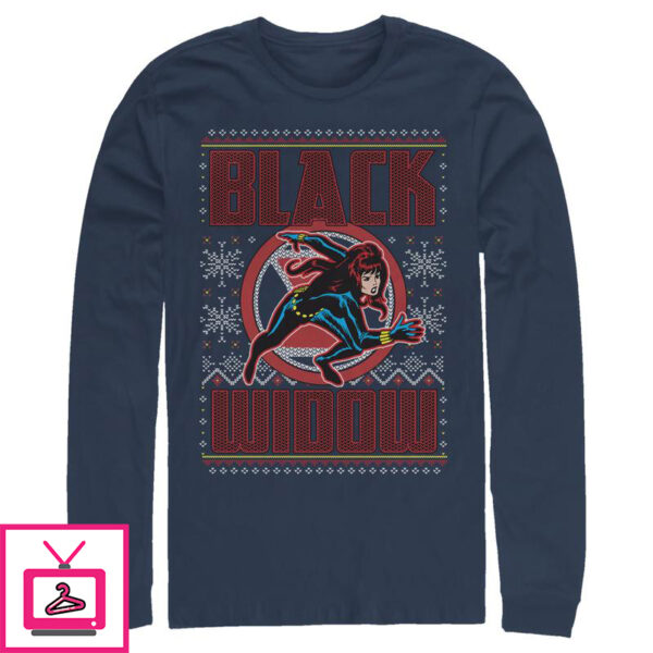 Men’s Marvel Ugly Christmas Black Widow Snow Long Sleeve T-Shirt