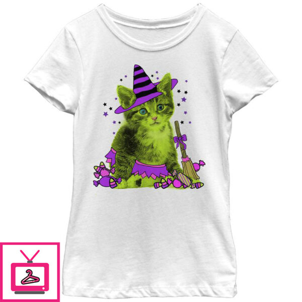 Girls Lost Gods Halloween Kitten Witch and Candy T Shirt 1