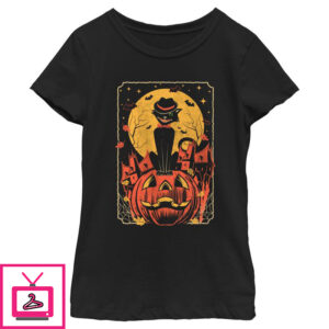 Girl’s Lost Gods Halloween Retro Cat Scene T-Shirt