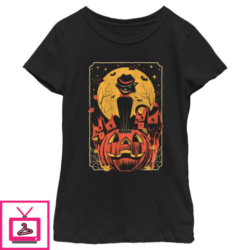 Girls Lost Gods Halloween Retro Cat Scene T Shirt 1