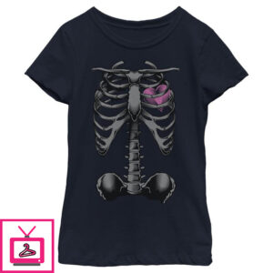 Girl’s Lost Gods Halloween Skeleton Rib Cage Heart T-Shirt