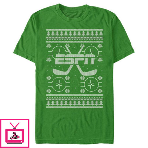 Mens ESPN Hockey Christmas Sweater Green T Shirt 1