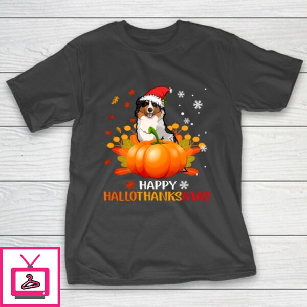 Autralian Shepherd Halloween Christmas Happy Hallothanksmas T-Shirt