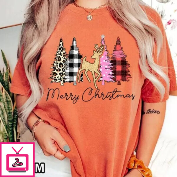 Merry Christmas Comfort Colors T-Shirt Featuring Deer and Buffalo Plaid Leopard Print Trees