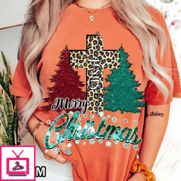 Merry Christmas Comfort Colors T-Shirt with Festive Cross and Trees