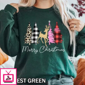 Merry Christmas T-Shirt Featuring Deer Between Buffalo Plaid and Leopard Cheetah Trees