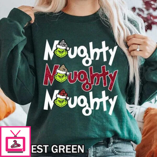 Naughty Grinch Christmas Shirt with Buffalo Plaid & Leopard Pattern