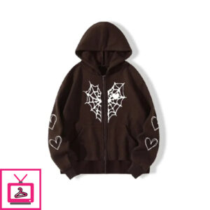 Sp5der Zipper Web & Heart Print Hoodie Brown – US-SPIDER