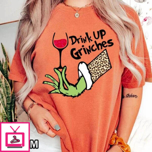 Drink Up Grinches! Leopard Grinch Wine Christmas Shirt