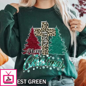 Jesus Christ Merry Christmas T-Shirt with Cheetah Cross and Trees