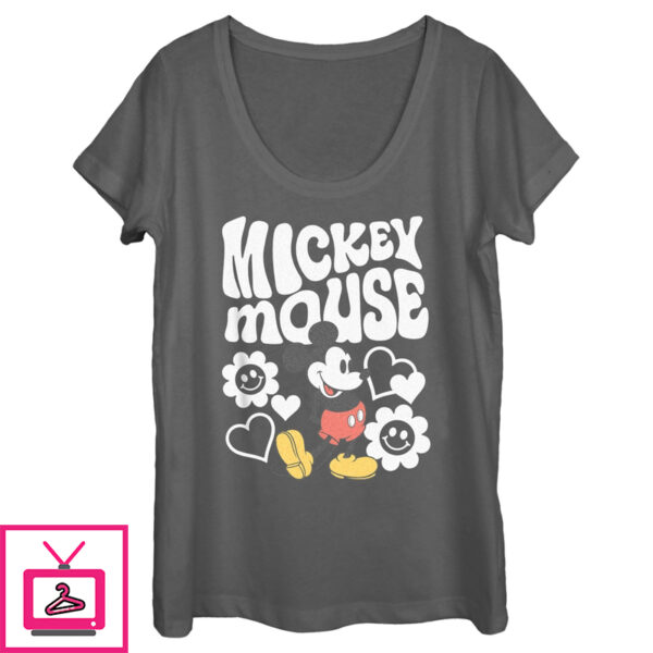 Women’S Mickey & Friends Groovy Hearts And Smilies Logo White Scoop Neck