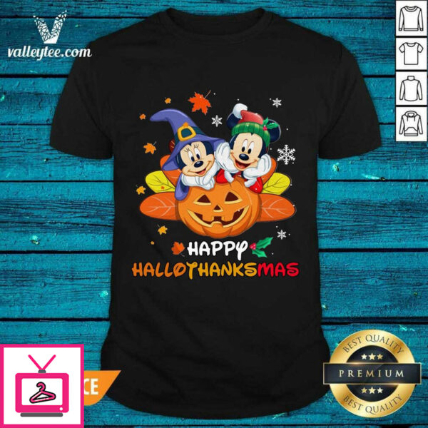 Pretty Mickey Mouse And Minnie Happy Hallothanksmas Christmas T-Shirt