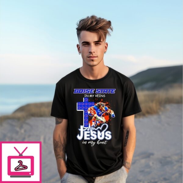 Boise State Broncos In My Veins Jesus In My Heart Cross Mascot T-Shirt