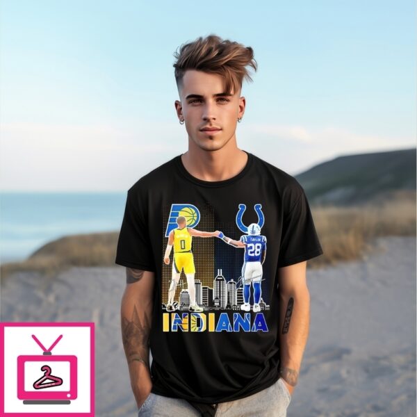 Indiana Pacers Tyrese Haliburton Vs Indianapolis Colts Jonathan Taylor City Skyline Signatures T-Shirt