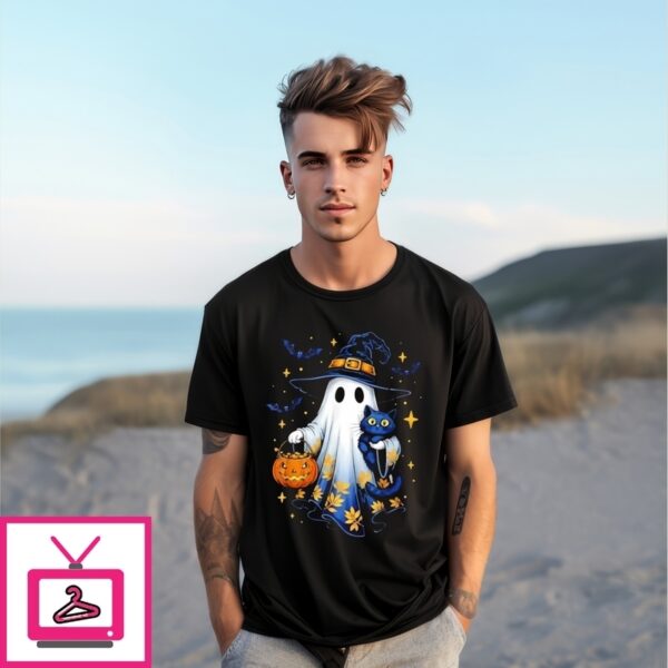 Ghost Witch Holding Black Cat Halloween T-Shirt