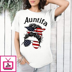 Auntifa Woman With Bun Hairstyle Wearing American Flag Headband And Sunglasses T-Shirt