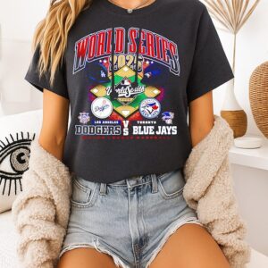 Los Angeles Dodgers Vs Toronto Blue Jays Mlb World Series Dueling Helmets T-Shirt Los Angeles Dodgers Vs Toronto Blue Jays Mlb World Series Dueling Helmets T-Shirt
