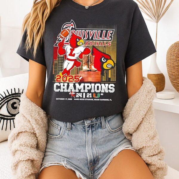 Louisville Cardinals 2025 Champions Hard Rock Miami Gardens Fl Mascot T-Shirt
