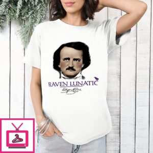 Raven Lunatic Edgar Allan Poe Portrait Siganture Vintage T-Shirt
