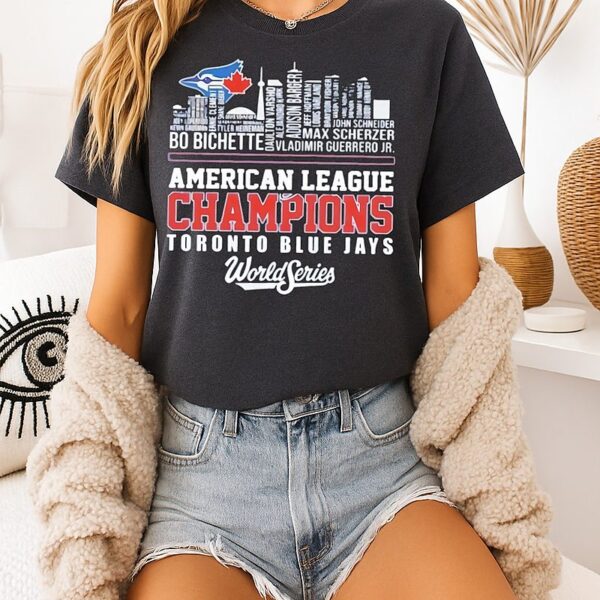 Toronto Blue Jays 2025 American League Champions Player Name Skyline T-Shirt