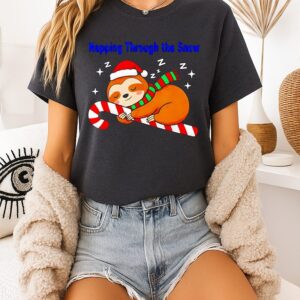 Napping Through The Snow Christmas Sloth Candy Cane T-Shirt