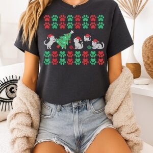 Cat Knocking Over The Christmas Tree Many Cat Paw Prints T-Shirt