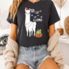 Llama Wearing Santa Hat And Light Christmas Stand Beside Gift Box Fa La La T-Shirt