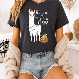 Llama Wearing Santa Hat And Light Christmas Stand Beside Gift Box Fa La La T-Shirt