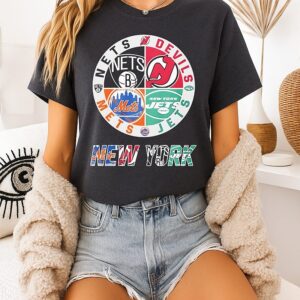 New York Mets New York Jets Brooklyn Nets And New Jersey Devils Mashup Logo T-Shirt