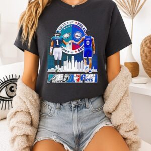 Philadelphia City Skyline Jalen Hurts Philadelphia Eagles And Tyrese Maxey Philadelphia 76ers T-Shirt