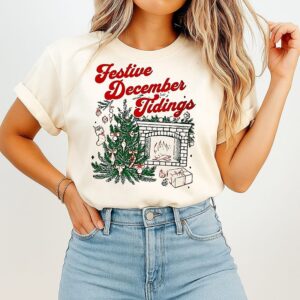 Festive December Tidings Christmas Tree And Fireplace Xmas Holiday T-Shirt