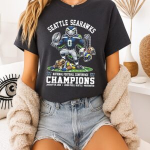 Seattle Seahawks Beat Los Angeles Rams NFL Champions 2025 Mascot Holding Trophy T-Shirt