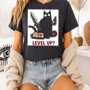 Black Cat Level Up Dungeons And Dragons Video Game T-Shirt