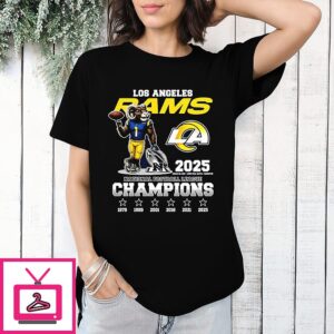 Los Angeles Rams NFL Champions 2025 Mascot Next To Trophy City Skyline T-Shirt
