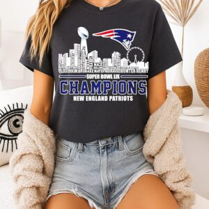 New England Patriots Super Bowl Lx Champions Names City Skyline T-Shirt