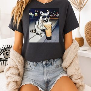 Raccoon Drinking Iced Coffee Photo T-Shirt
