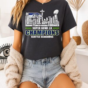 Super Bowl Lx Champions 2025 Seattle Seahawks Player Names City Skyline T-Shirt