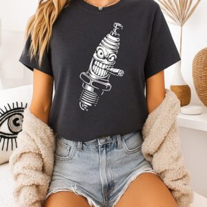 Spark Plug Smoking Cigar Garage Mechanic Cartoon T-Shirt