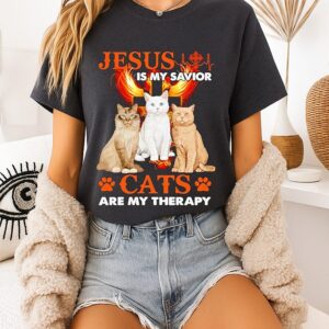 Awesome Jesus Is My Savior Cats Are My Therapy T-Shirt