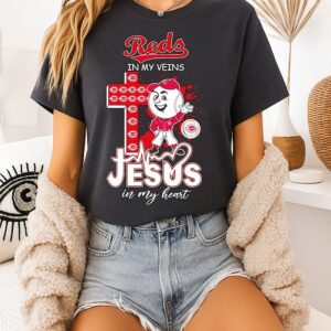2026 Cincinnati Reds Baseball Mascot In My Veins Jesus In My Heart T-Shirt