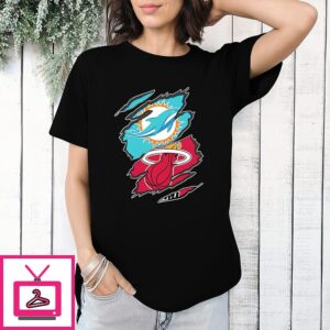 Miami Dolphins And Miami Heat Two Teams One Heart Scratch T-Shirt