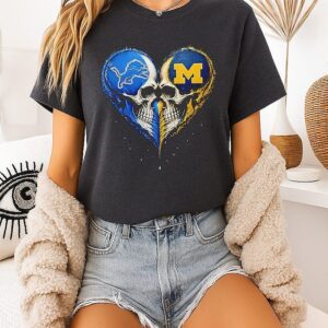 Detroit Lions And Michigan Wolverines Heart Skulls T-Shirt