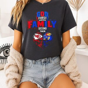 God First Family Second Then Kansas City Chiefs And Kansas Jayhawks Logo Skull Heart T-Shirt